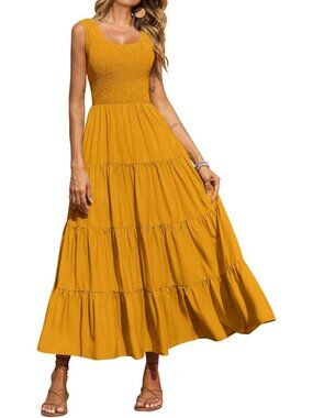 Women's Dress Maxi Turmeric Polyester Scoop Neck Short Vacation Casual Summer